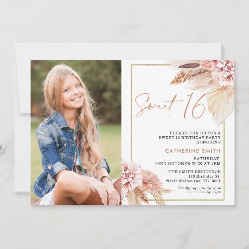 Modern Blush Boho Floral Photo Sweet 16 Birthday