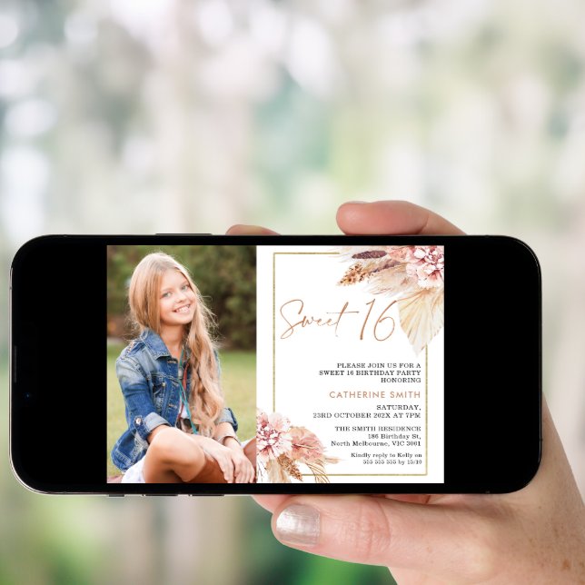 Modern Blush Boho Floral Photo Sweet 16 Birthday Invitation (Front Digital)