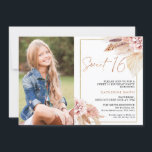 Modern Blush Boho Floral Photo Sweet 16 Birthday Invitation<br><div class="desc">Modern Blush Boho Floral Photo Sweet 16 Birthday Invitation Sweet blush and natural tones boho floral sweet 16 birthday invitation featuring two lovely floral arrangements with pampas grass. This sweet 16 birthday invitation also features a photograph and faux rose gold modern calligraphy heading image that is removable and a faux...</div>