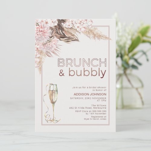 Modern Blush Brown Floral Brunch Bridal Shower Invitation