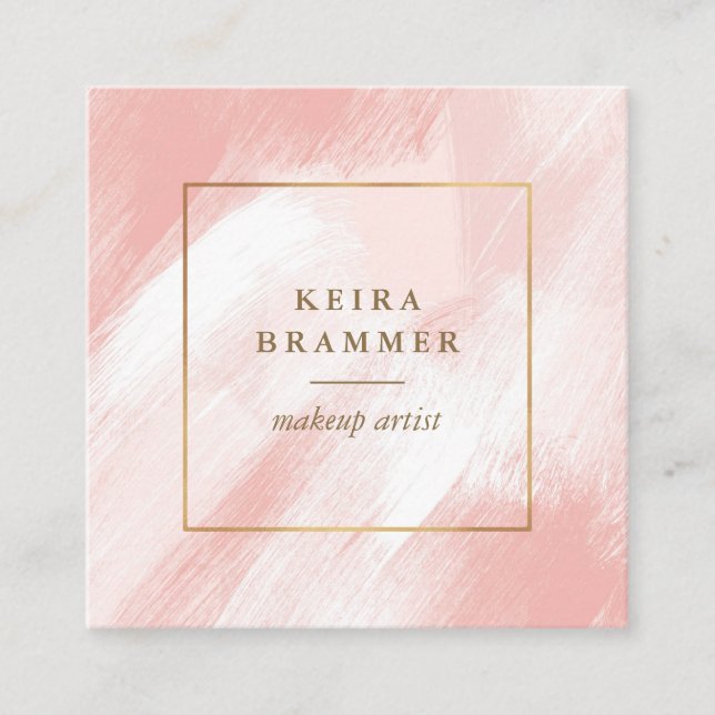 Modern Blush Brush Strokes Gold Frame Square  Square Business Card (Front)