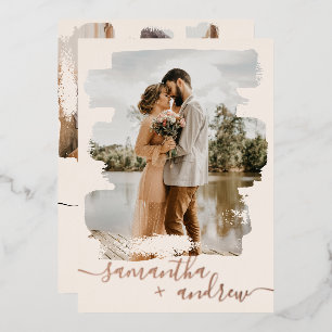Modern blush brushstroke script 2 photos wedding foil invitation