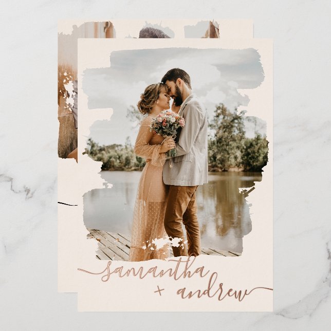 Modern blush brushstroke script 2 photos wedding foil invitation (Front/Back)