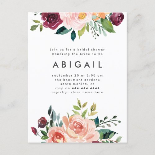 Modern Blush Burgundy Floral Bridal Shower Invitation Postcard