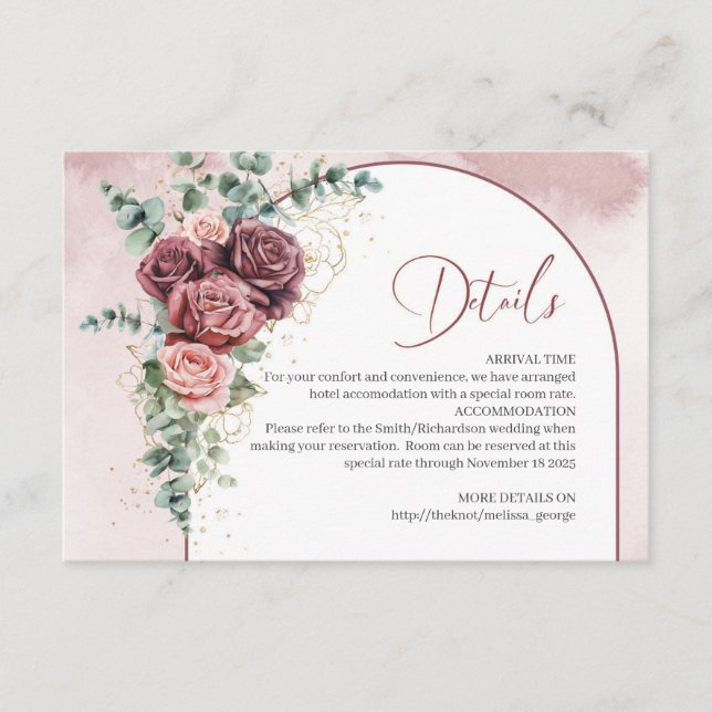 Modern blush burgundy floral gold details card (Front)