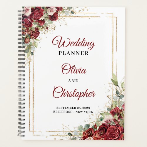 Modern blush burgundy floral gold frame wedding planner