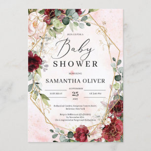 Modern blush burgundy floral gold geometric baby invitation