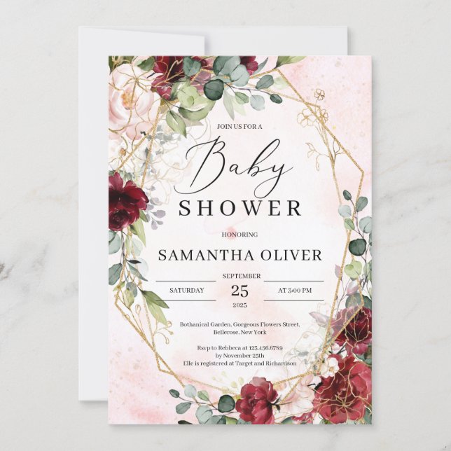 Modern blush burgundy floral gold geometric baby invitation (Front)