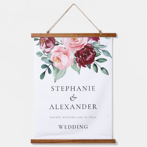 Modern Blush Burgundy Florals Welcome Wedding Hanging Tapestry