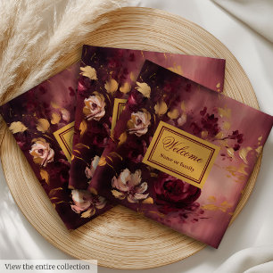 Modern Blush Burgundy Gold Floral Custom Name Cloth Napkin