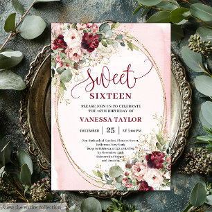 Modern Blush Burgundy Gold Floral Sweet Sixteen Invitation