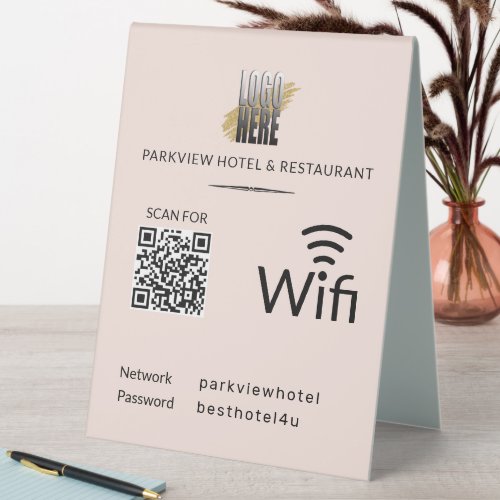 Modern Blush Business Wifi QR Code Logo Table Tent Sign