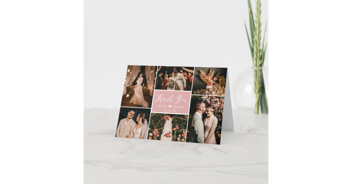 Modern Blush Calligraphy 6 Photo Collage Wedding T Thank You Card | Zazzle