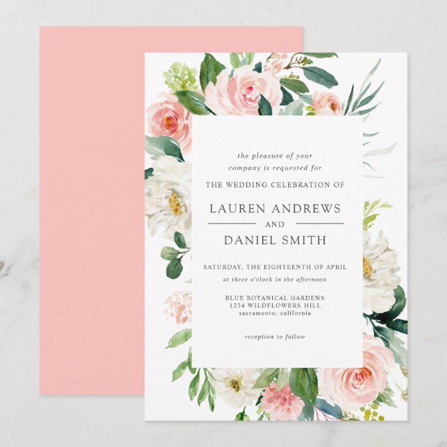 Modern Blush | Chic Botanical Pink Floral Wedding Invitation (Front/Back)