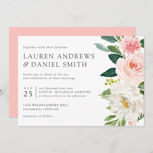 Modern Blush | Chic Botanical Pink Floral wedding Invitation (Front/Back)