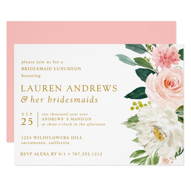 Modern Blush Chic Floral Gold Bridesmaid Luncheon Invitation