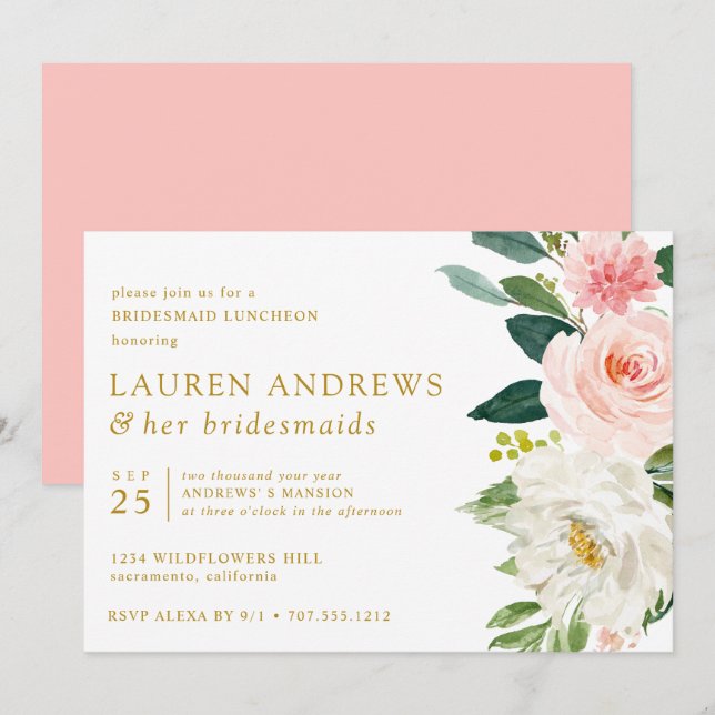Modern Blush Chic Floral Gold Bridesmaid Luncheon Invitation (Front/Back)