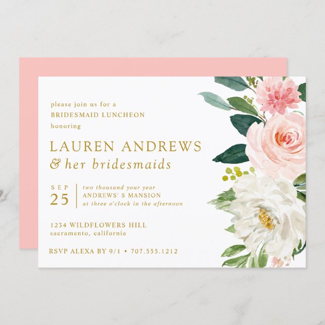 Modern Blush Chic Floral Gold Bridesmaid Luncheon Invitation (Front/Back)