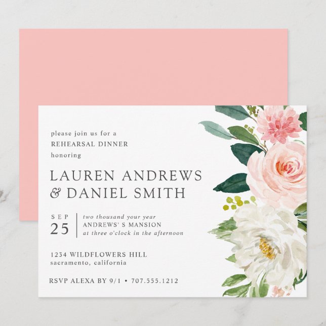 Modern Blush | Chic Floral Pink Rehearsal Dinner Invitation (Front/Back)