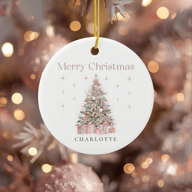 Modern Blush Christmas Tree – Personalized Holiday Ceramic Ornament (Creator Uploaded)
