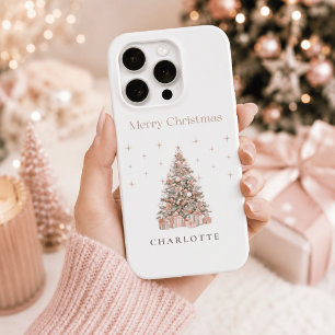 Modern Blush Christmas Tree Personalized Holiday iPhone 15 Pro Case
