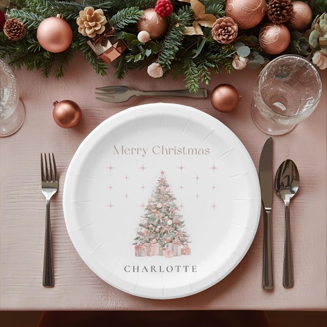 Modern Blush Christmas Tree Personalized Holiday  Paper Plates (Creator Uploaded)