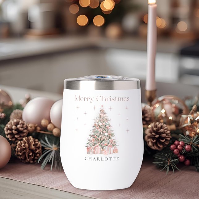 Modern Blush Christmas Tree – Personalized Holiday Thermal Wine Tumbler (Creator Uploaded)