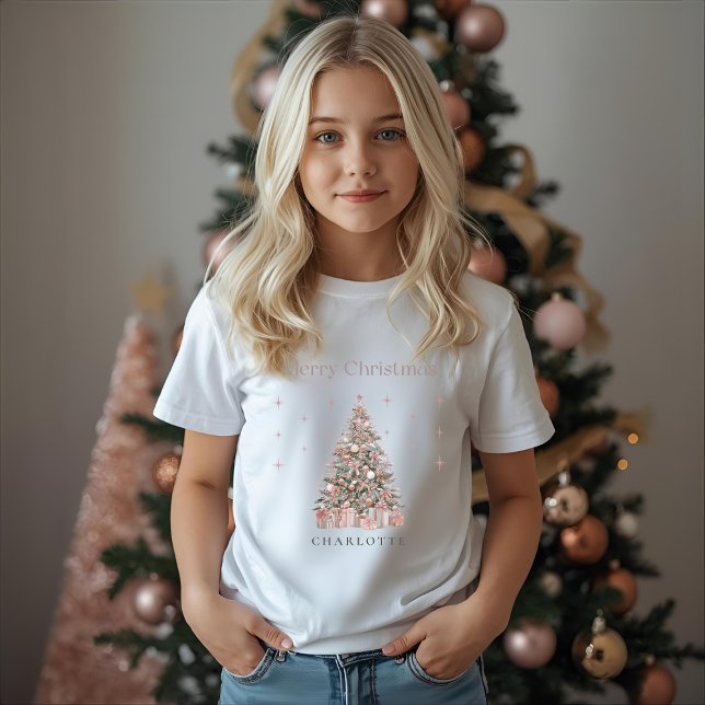 Modern Blush Christmas Tree – Personalized Kids  T-Shirt (Creator Uploaded)
