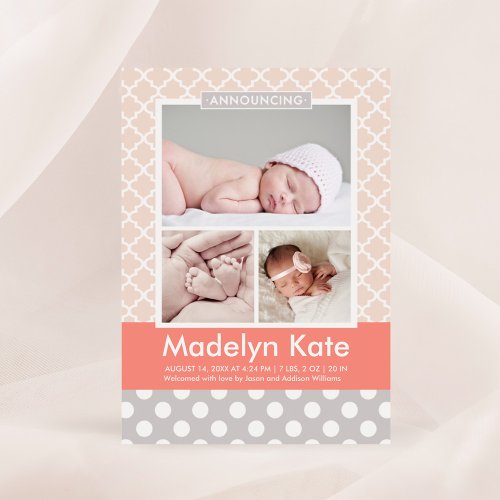 Girl Photo Birth Announcement Card | Chic Pattern