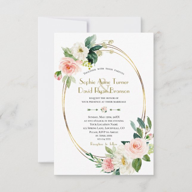 Modern Blush Cream Flowers Gold Wedding Invitation (Front)