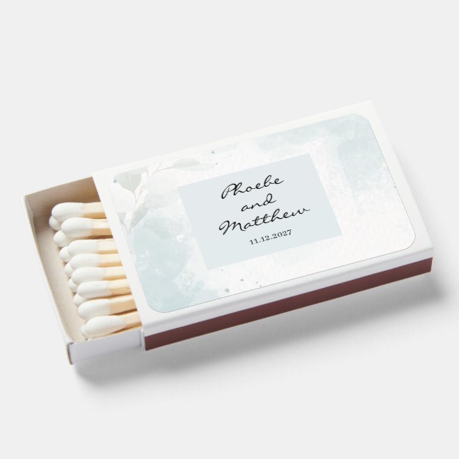 Modern Blush Eucalyptus Mint Wedding Matchboxes (Front Open)