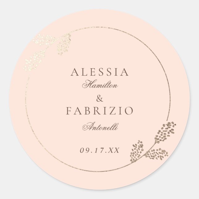 Modern Blush Faux Gold Botanical Frame Wedding Classic Round Sticker (Front)