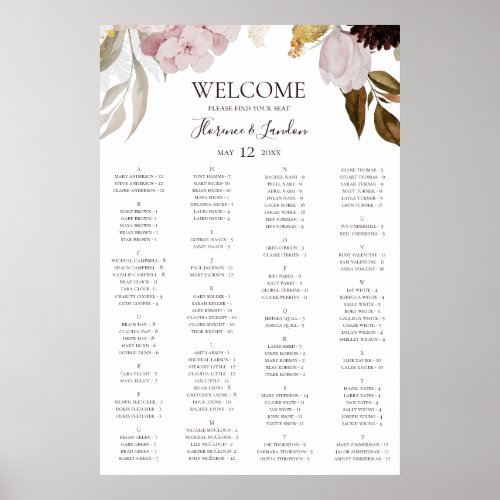 Modern Blush Floral  Alphabetical Seating Chart