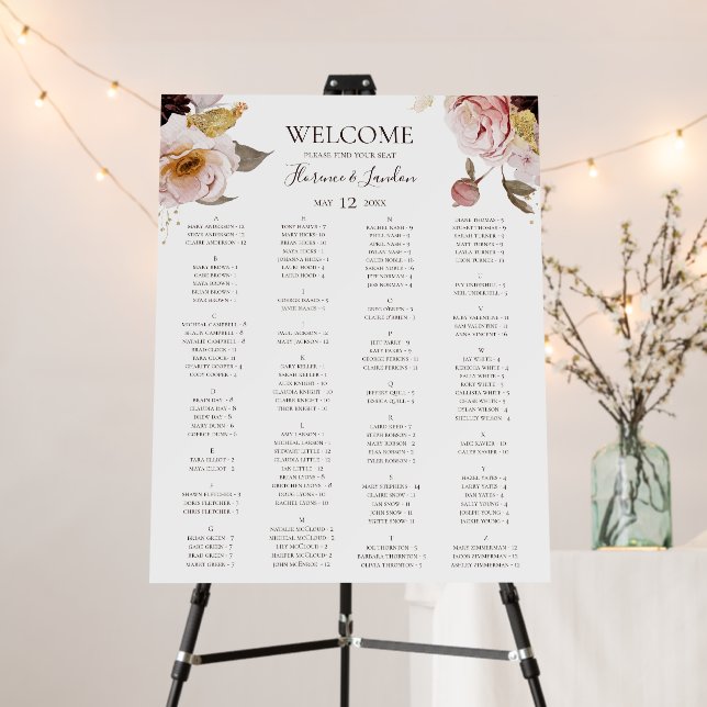 Modern Blush Floral | Alphabetical Seating Chart Foam Board (In Situ (Stand))