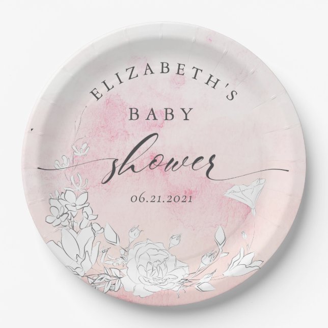 modern blush floral baby shower  paper plates (Front)