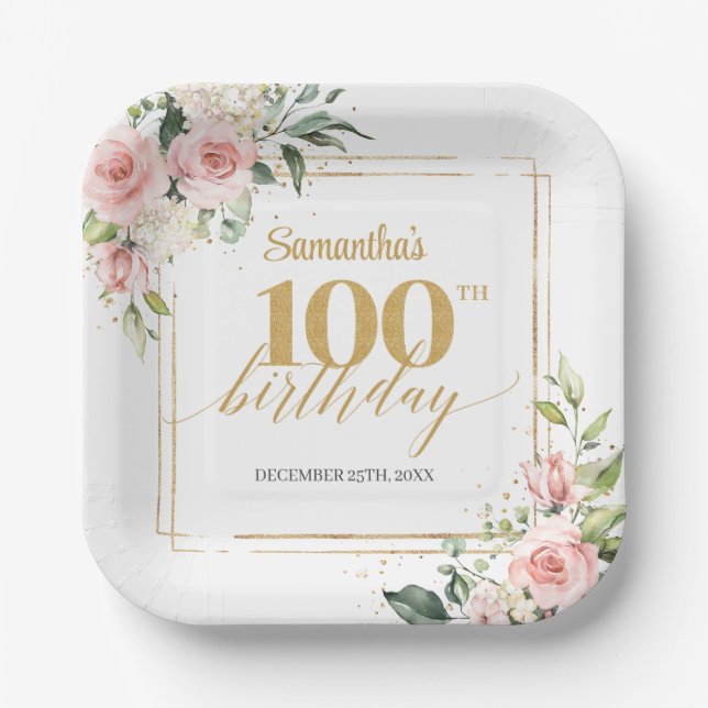Modern blush floral eucalyptus gold 100th birthday paper plates (Front)
