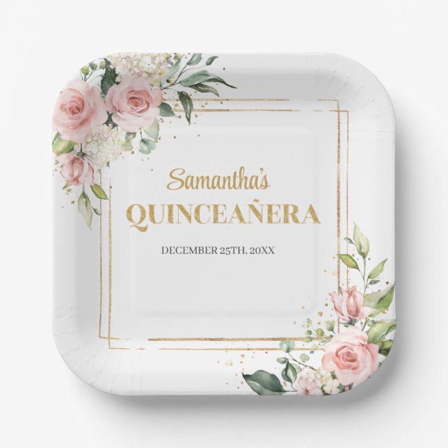 Modern blush floral eucalyptus gold QUINCEAÑERA Paper Plates (Front)