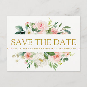 Modern Blush    Floral Gold WEDDING save the date Announcement Postcard