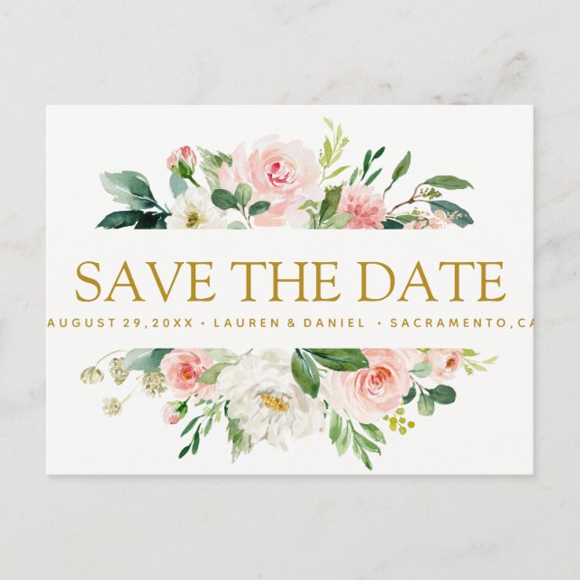 Modern Blush  | Floral Gold WEDDING save the date Announcement Postcard (Front)