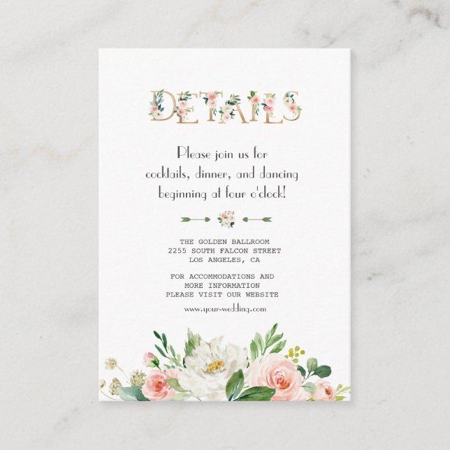 Modern Blush Floral Letters Wedding Details Enclosure Card (Front)