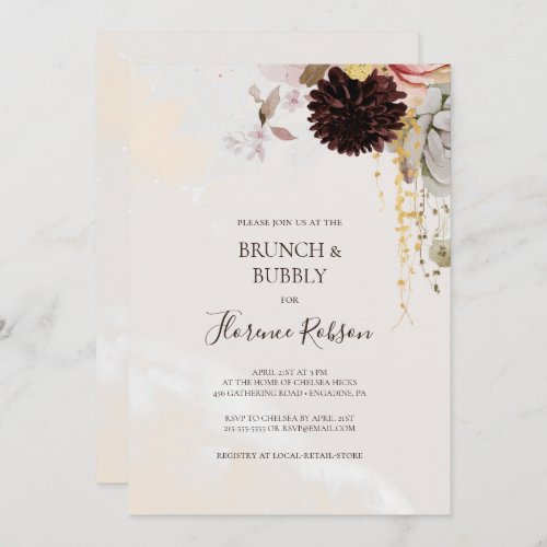Modern Blush Floral  Marble Brunch and Bubbly Invitation