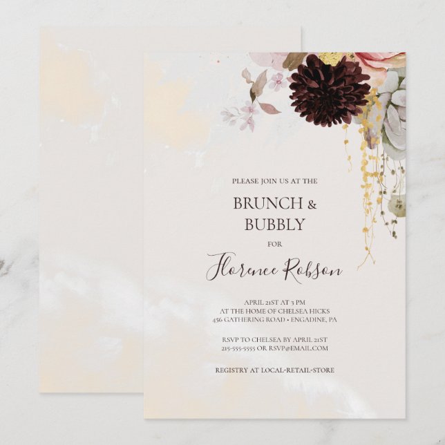 Modern Blush Floral | Marble Brunch and Bubbly Invitation (Front/Back)