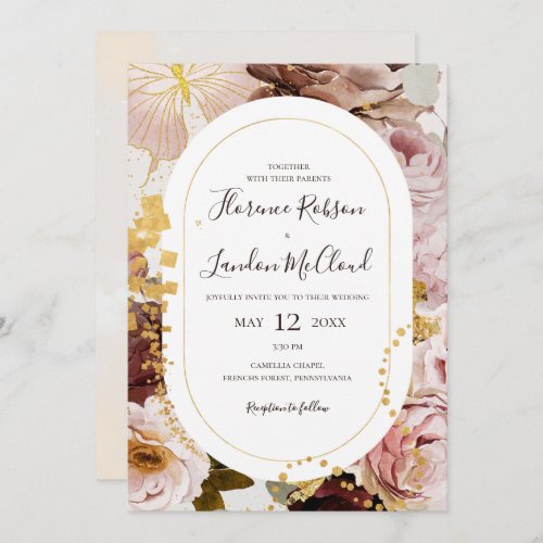 Modern Blush Floral  Marble Frame Casual Wedding Invitation