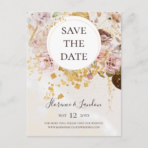 Modern Blush Floral Marble Save The Date Postcard