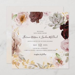 Modern Blush Floral Marble Square Wreath Wedding Invitation