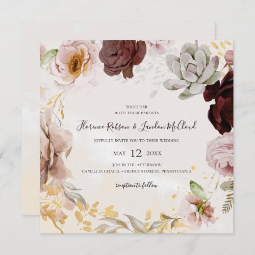 Modern Blush Floral  Marble Square Wreath Wedding Invitation