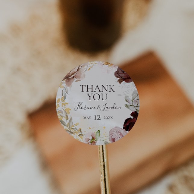 Modern Blush Floral Marble Thank You Wedding Favor Classic Round Sticker (Creator Uploaded)