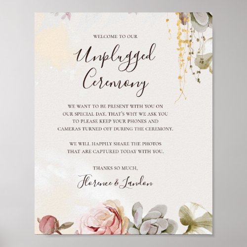 Modern Blush Floral  Marble Unplugged Ceremony Poster