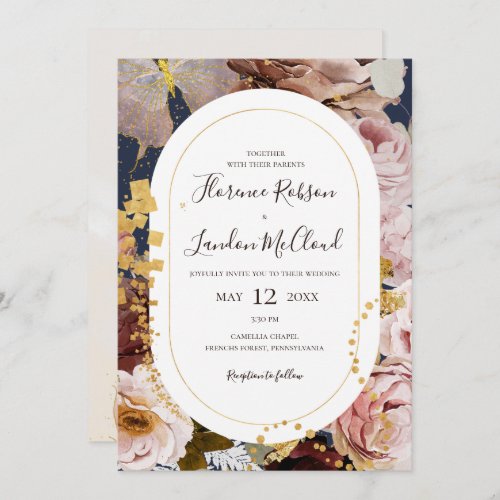 Modern Blush Floral  Navy All In One Wedding Invitation