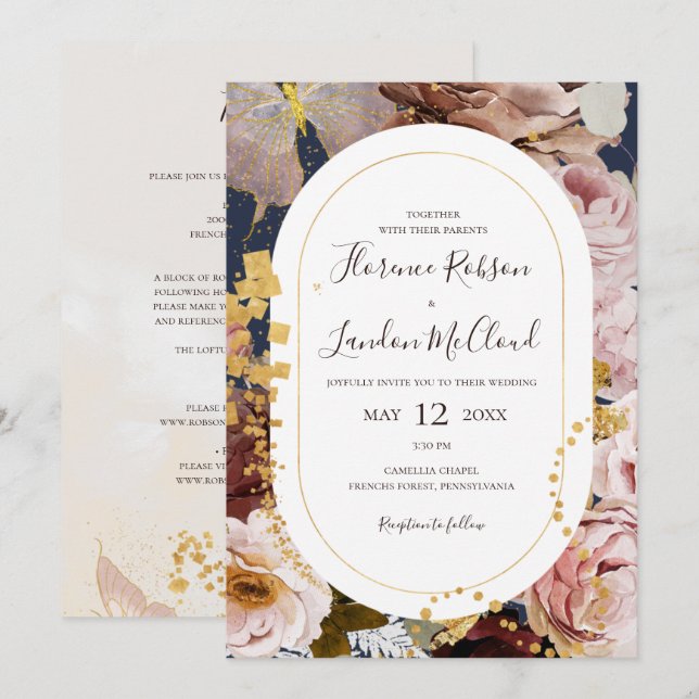 Modern Blush Floral | Navy All In One Wedding Invitation (Front/Back)